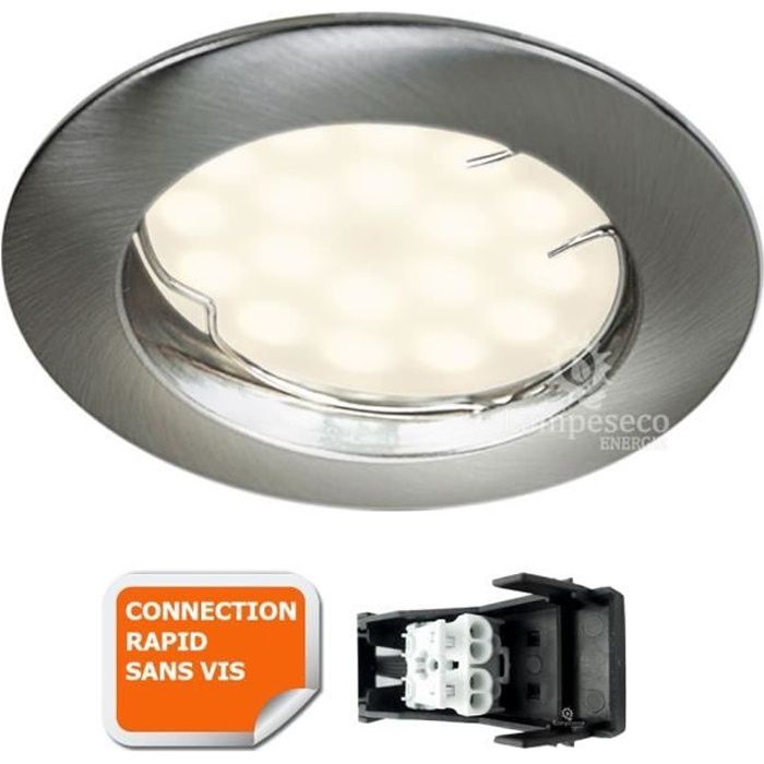 SPOT LED ENCASTRABLE COMPLETE RONDE FIXE ALU BROSSE eq. 50W BLANC CHAUD