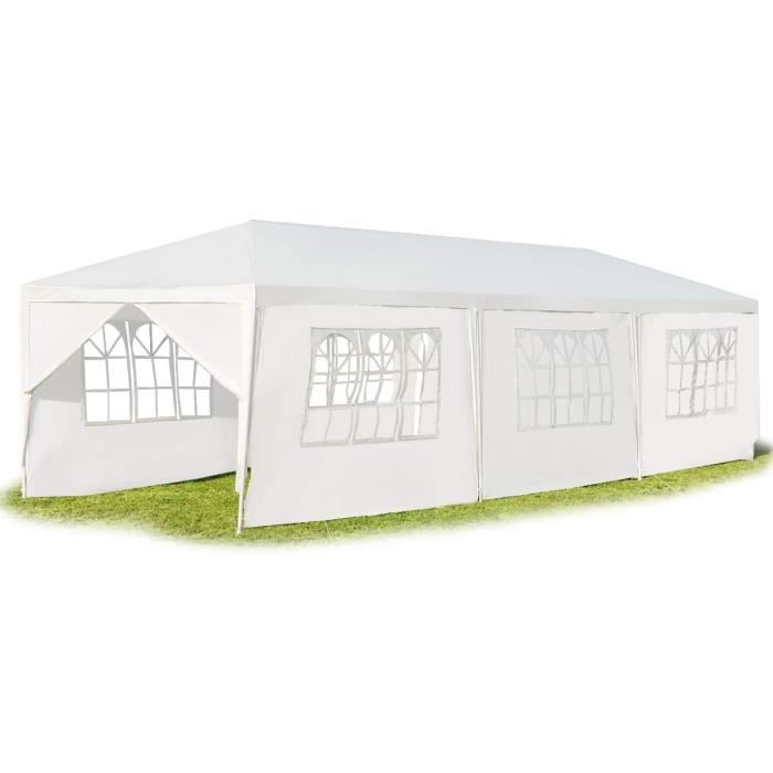 GOPLUS Tonnelle Tente de Réception 3x9M avec FenêtresTente de Jardin Protection Contre Soleil et Pluie,Blanc,8 Morceau de Tissu