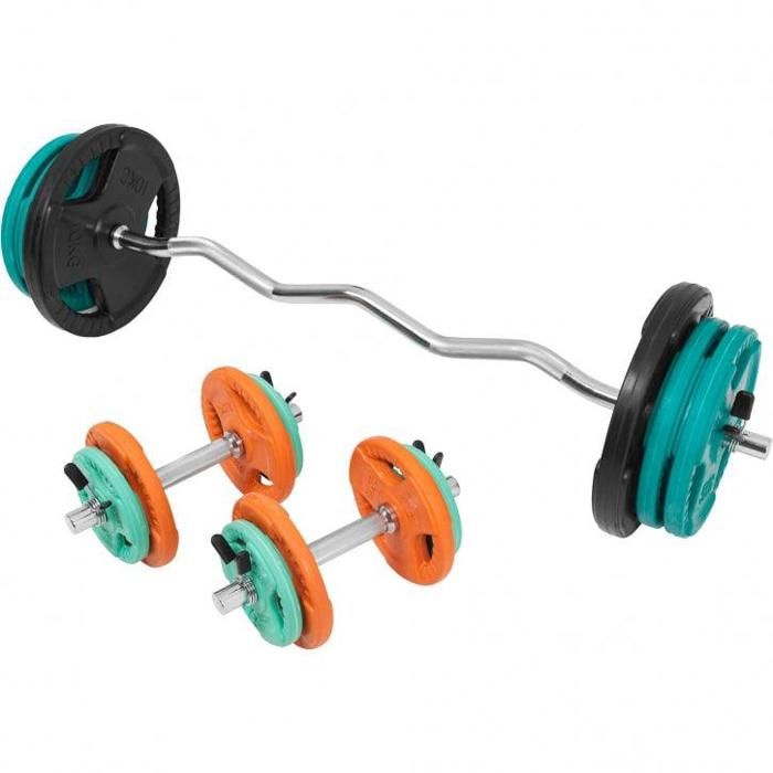 Gorilla Sports - 68kg total - set en caoutchouc grip avec curl barre de 120cm et deux barres courtes de 35cm avec stop disques Gris