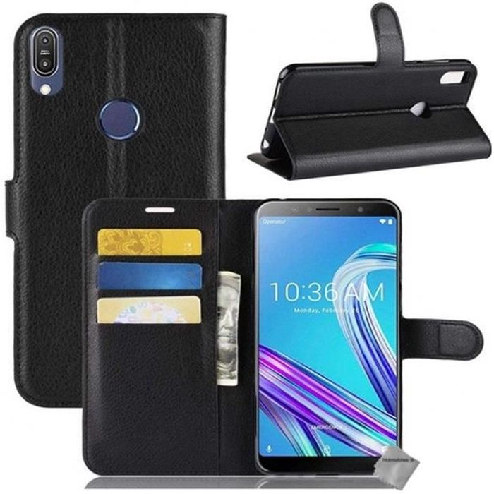 Housse etui portefeuille pour Asus Zenfone Max Pro M1 ZB601KL avec verre trempe - NOIR