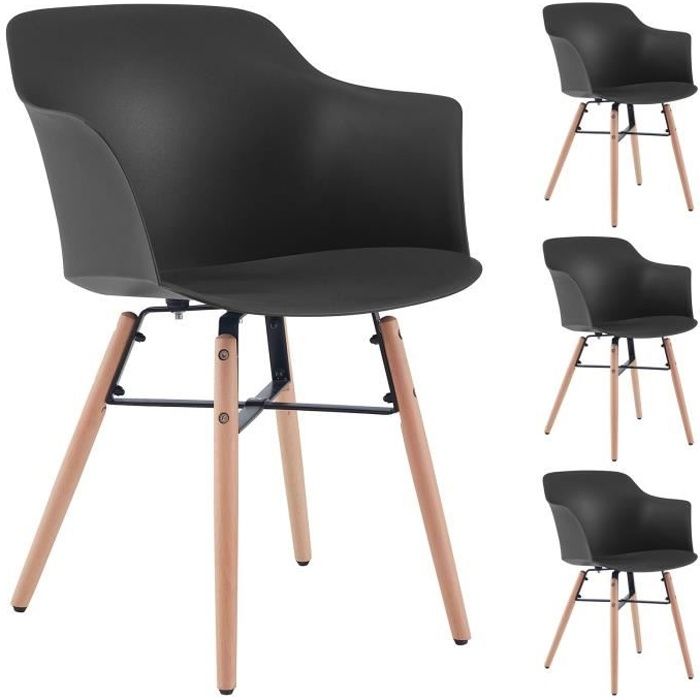 Lot de 4 chaises de salle à manger IZAN design scandinave avec larges accoudoirs, coque en plastique noir et 4 pieds en bois