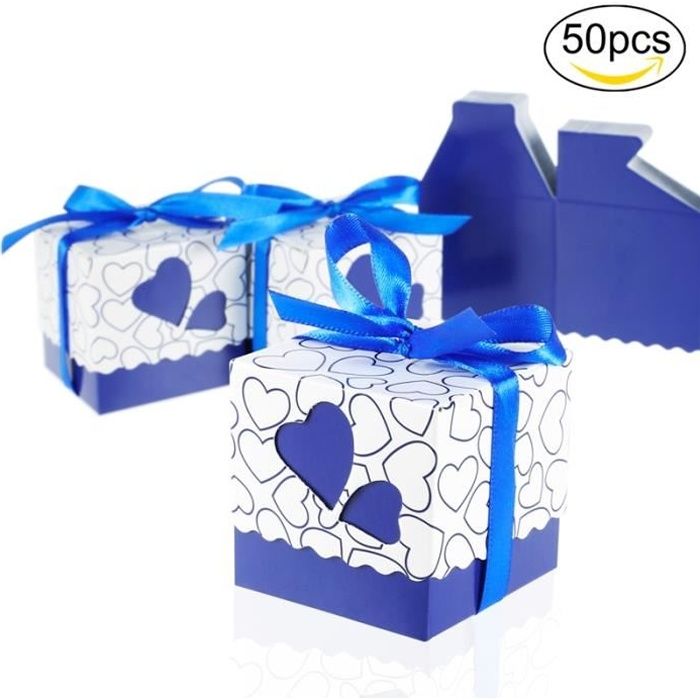 50PCS - lot Boîte à dragées ,sachets cadeau de mariage découpé au laser avec ruban Noël (Bleu)