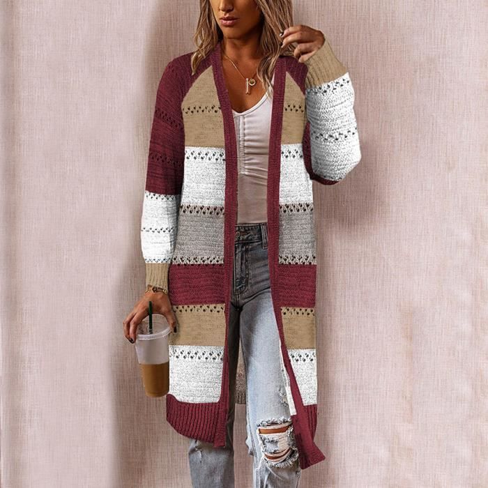 Gilet Femme Cardigan Comfy Élégant Stitching Pull à manches longues Cardigan long décontracté @Rouge