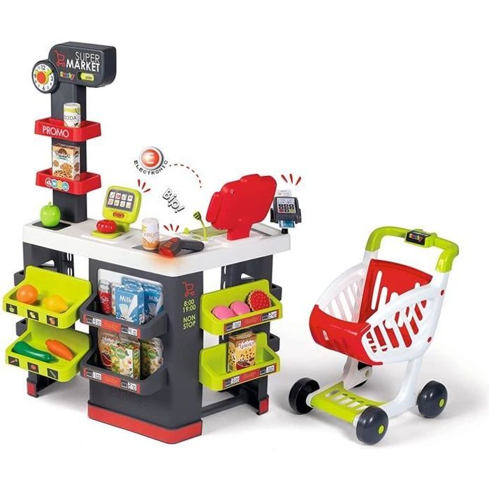 SMOBY - Supermarket - Marchande pour enfant - Chariot de Course Inclus - Vraie Calculatrice - 42 Accessoires