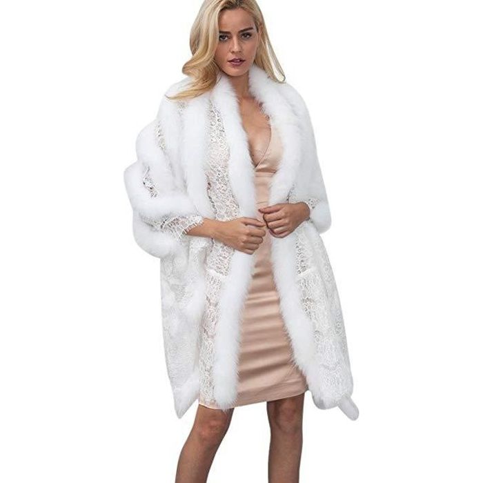 Châle Mariée Mariage Cape Femme Élégant Poncho en Fausse Fourrure dentelle Crochet chaud écharpe fête Foulard