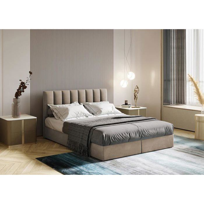Lit adulte 200x200 cm CITY - avec matelas ressorts intégrés rangement et surmatelas – tissu velours - beige