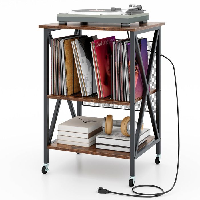 GOPLUS  Petit Meuble de Rangement Roulant pour Tourne-disque et Disques Vinyles &agrave; 3 Niveaux avec Station de Charge Int&eacute;gr&eacute;e-Brun 