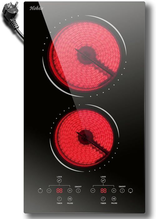 Plaque Vitrocéramique 2 Foyers 3000W - Tactile - 9 Niveaux - Minuterie - Verrou Enfant - Encastrable Ou Portable - 14