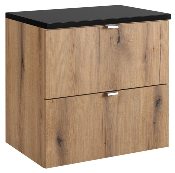 Meuble suspendu sous vasque 2 tiroirs avec le plan noir NOVA OAK 60 CM