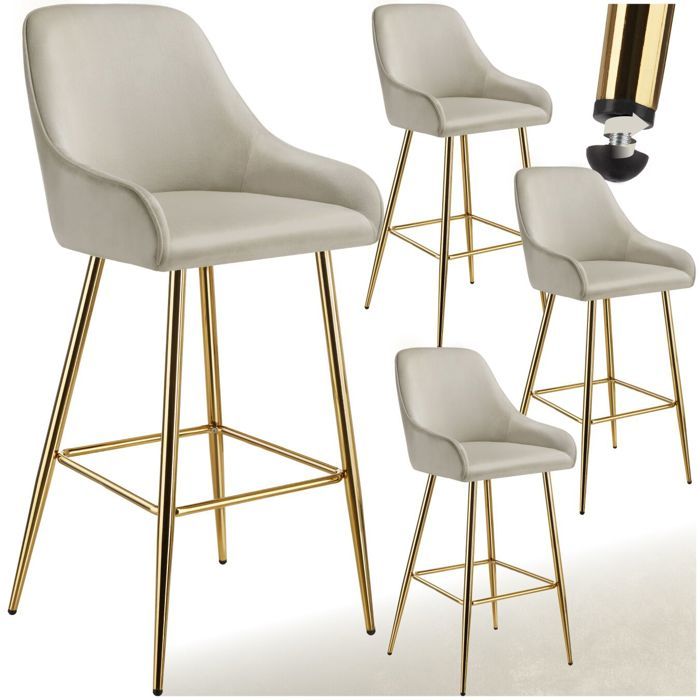 Tabouret de bar - TECTAKE - Lot de 4 tabourets AVANE avec aspect velours avec dossier rembourré 485 x 57 x 108 cm - Beige