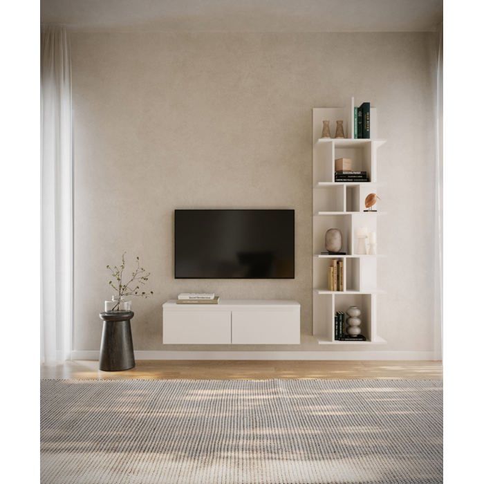 Meuble TV 2 portes -suspendu - BEMMI- 100 cm - blanc