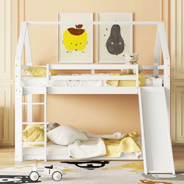 Lit superposé blanc 140x200 lit enfant pour la maison design clôture avec toboggan et échelle pin massif + MDF
