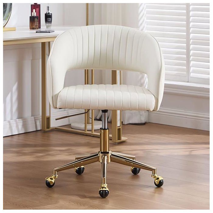 Wahson Chaise de Bureau à roulettes Fauteuil de Bureau Ergonomique avec Siège Pivotant Chaise Bureau Plaqué Or Cuir PU Blanc