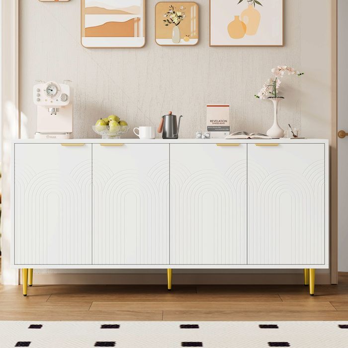 Buffet de cuisine 160x40x80 cm avec poignées dorées et 4 portes Buffet avec pieds brillants commode Buffet salon en blanc