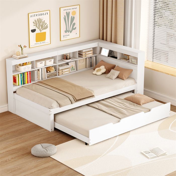 Canapé convertible 90x200 lit gigogne 90x190 avec prise USB et plusieurs rangements lit en bois massif lit simple bois blanc.