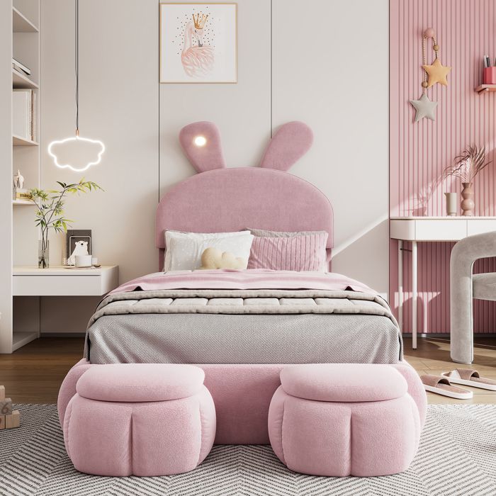 Lit Enfant 90x200cm Rose Tête de lit Oreilles de Lapin LED Réglable 2 Tabourets Rangement Velours – Sans Matelas
