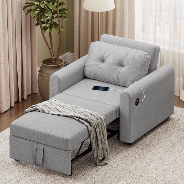 Canapé-lit 3 en 1 avec USB et Type-C Canapé simple pliable avec dossier réglable Chaise canapé-lit en tissu de lin gris clair