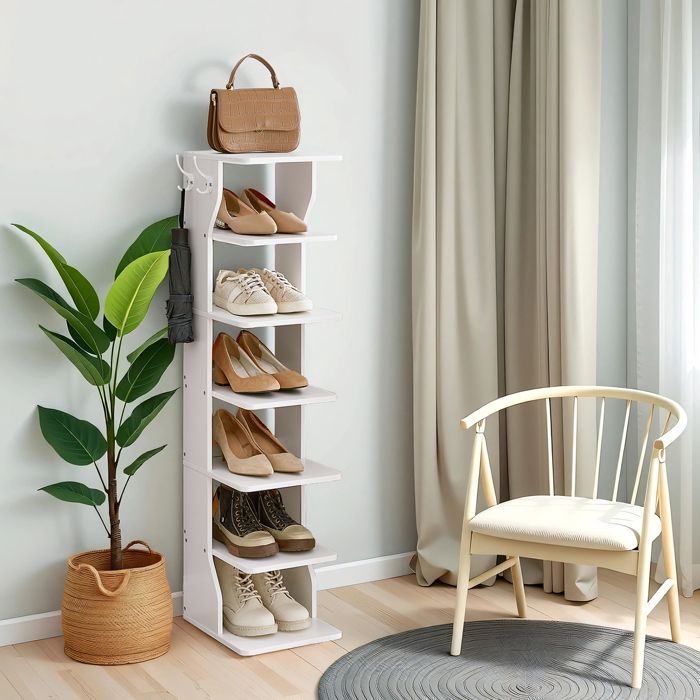 Étagère à chaussures - 7 niveaux - Blanc - Compacte - Crochets pratiques