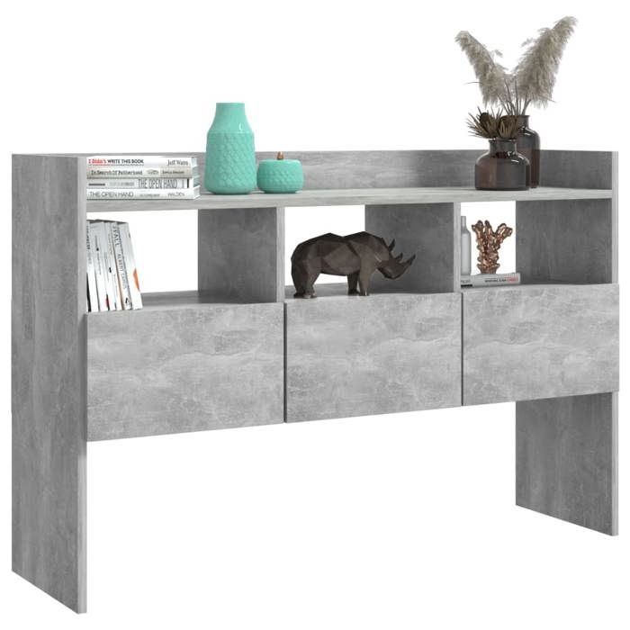Buffet Gris béton - WIENS - 105x30x70 cm - Bois dingénierie - 3 compartiments ouverts - 3 tiroirs - Facile à nettoyer