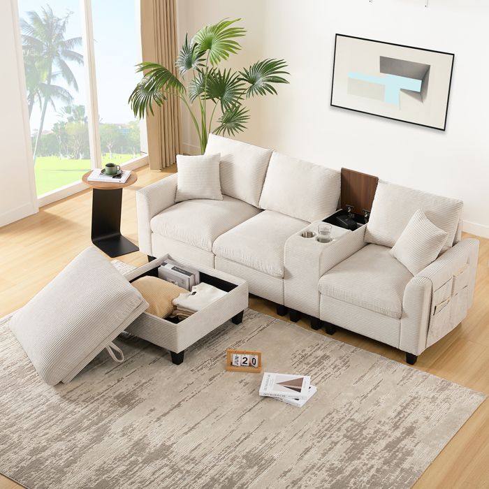 Canapé - Canapé dangle en L - Velours côtelé - Console centrale USB & porte-gobelets - Pouf coffre beige