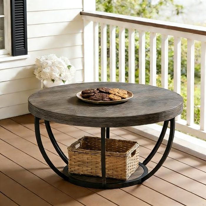 Table Basse Ronde BELLEMAVE - Table Basse en Bois à 2 étages - Base Métallique - Table de Salon - Ø80.49 x H43.99 cm - Gris