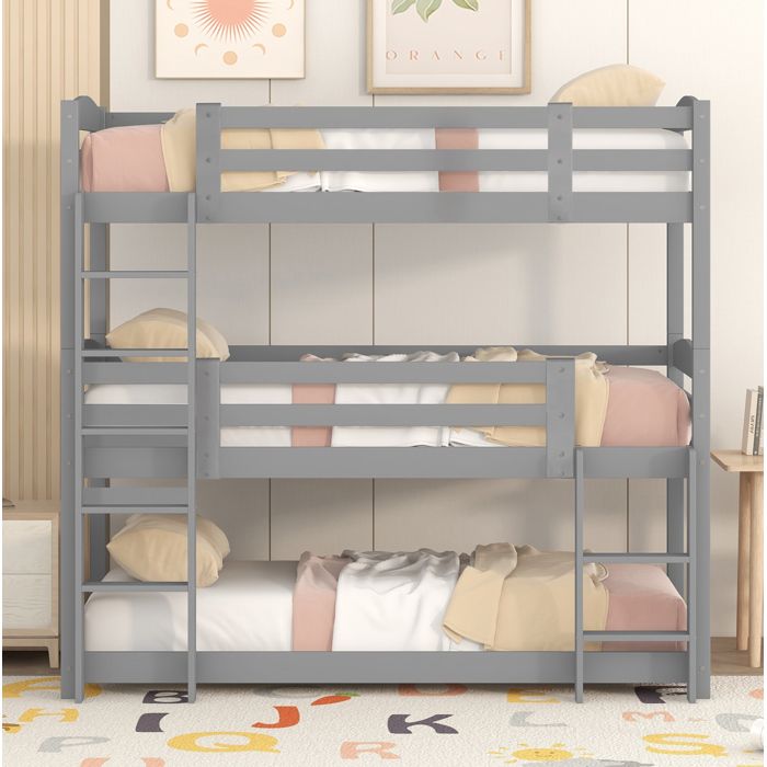 Lit superposé triple enfant en pin gris avec échelles intégrées