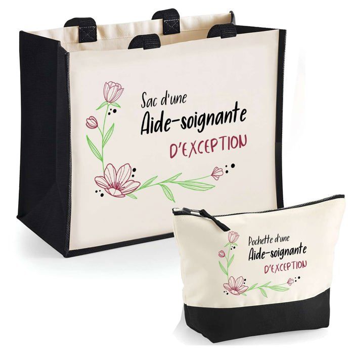 Duo cabas jute et trousse Aide-soignante dexception Cadeau Collègue Anniversaire Noël Sac de courses Pochette Maquillage Shopping