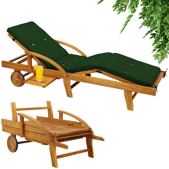 CASARIA® Bain de soleil en bois dacacia avec coussin housse verte inclus jardin balcon exterieur chaise longue ergonomique