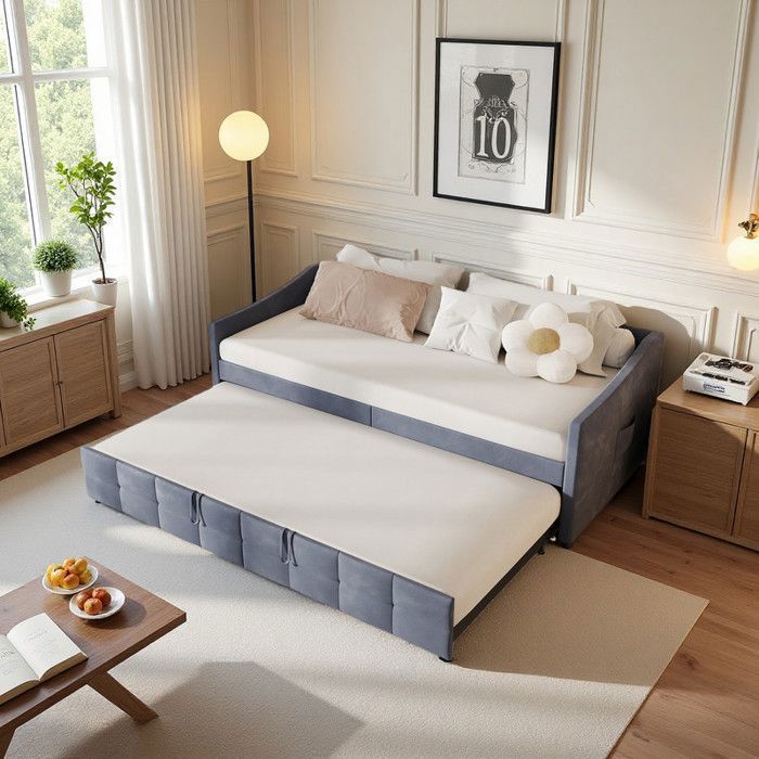 Canapé-lit convertible 2 lits superposés 90x200 cm Lit dappoint extensible design épuré en velours gris capitonné Moderne