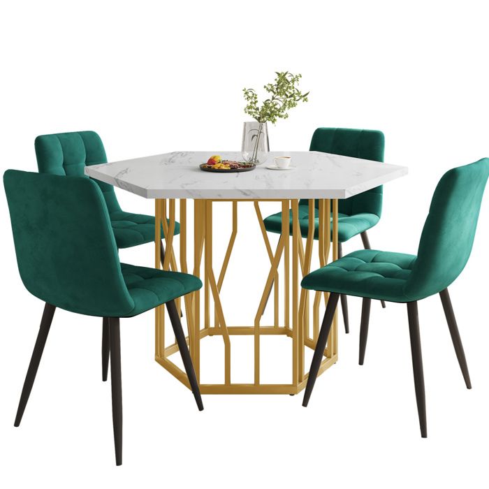 Table à manger avec chaises 4 personnes 1 table + 4 chaises MDF effet marbre velours vert