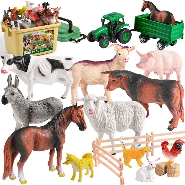 Animaux de la Ferme Jouet23 Pièces Ensemble de Jouet Ferme avec des Figurine Animaux RéalistesTracteur et Assemblez la Clôture