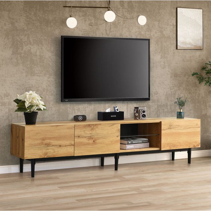 Meuble TV 175x31x41 cm EVRYAE - avec 3 rangements et LED multicolore par application structure MDF - Chene clair et noir
