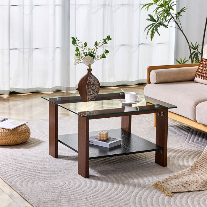 table salon table repas avec rangement plateau verre trempe 65x41 cm design noyer EVRYAE