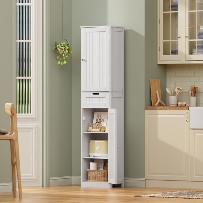Armoire de salle de bain - 40x30x170 cm - 2 portes & 1 tiroir - 4 étagères (2 réglables) - Blanc scandinave