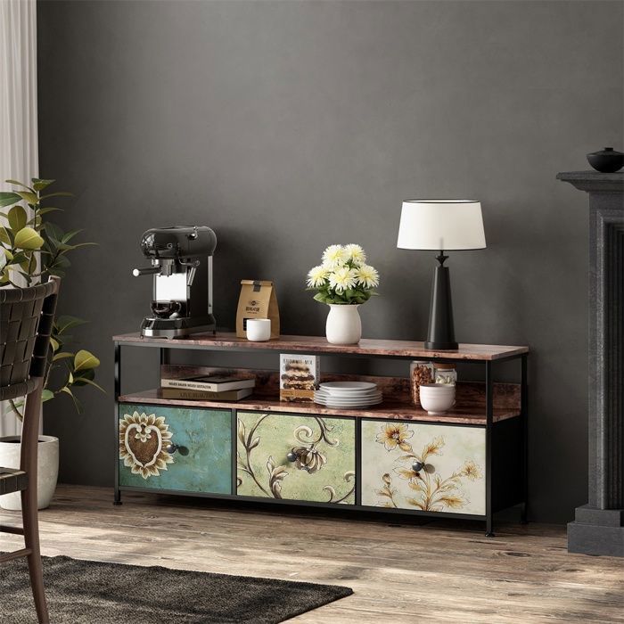 Meuble TV bas - 137 cm - Style scandinave avec tiroirs en tissu multicolores et étagères de rangement - Multicolore