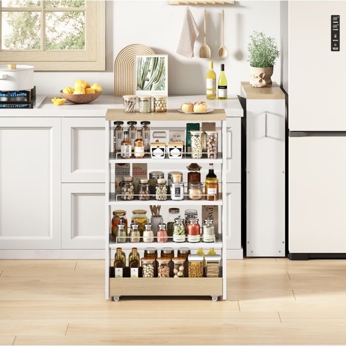 HOMVRA desserte de rangement étroite 12 cm sur roulettes 4 étagères réglables blanc et aspect bois 55x12x85 cm