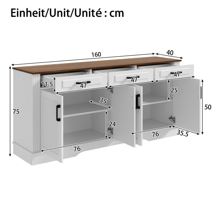 Buffet bas sideboard 160x40x75 cm 3 tiroirs 4 portes avec rangement MDF blanc rainuré vertical pour salon ORVRYN