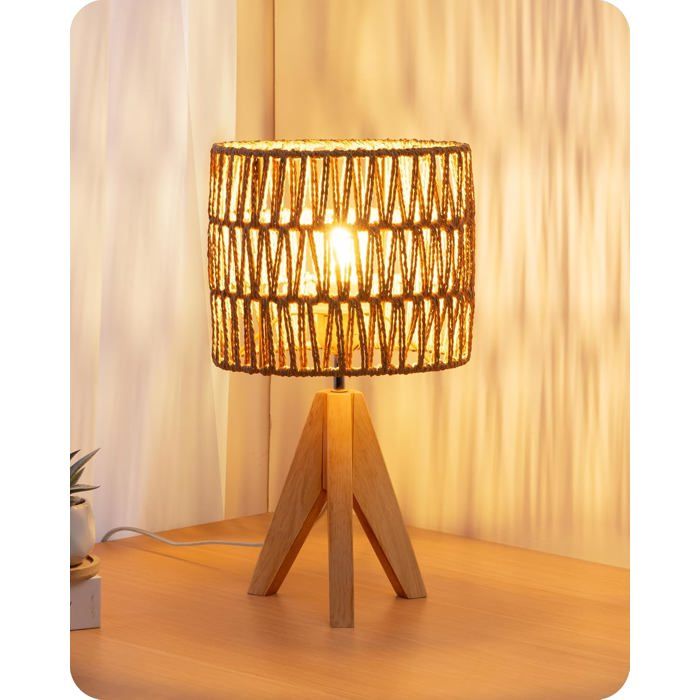 Lampe De Chevet LED Avec Abat-Jour En Corde Tressée À La Main Douille E27 Lampe De Table Décorative Pour Chambre