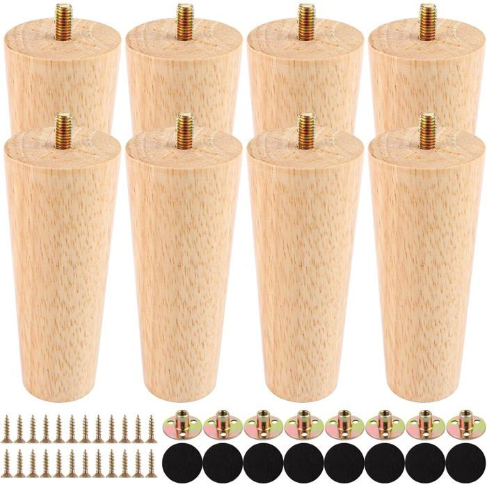 Lot de 8 pieds de meuble en bois massif verni 12 cm - rechange avec plaque et vis pour canapé fauteuil table lit