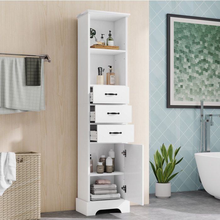 Colonne de salle de bain blanche 38 x 26 x 172 5 cm avec 3 tiroirs étagères ouvertes porte et étagère réglable en MDF laqué