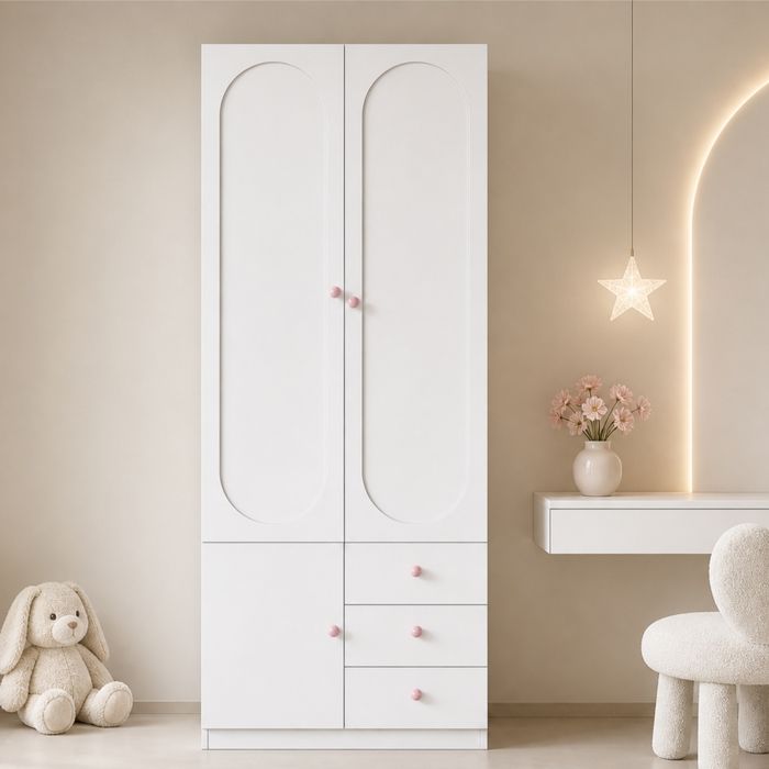 Armoire penderie enfant blanc 80x50x200 cm 2 portes à design arqué 3 tiroirs poignées en céramique rose clair tringle à vêtements