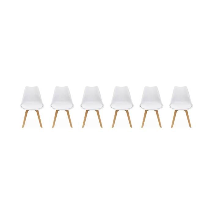 Lot de 6 chaises scandinaves. pieds bois de hêtre. fauteuils 1 place. blancs
