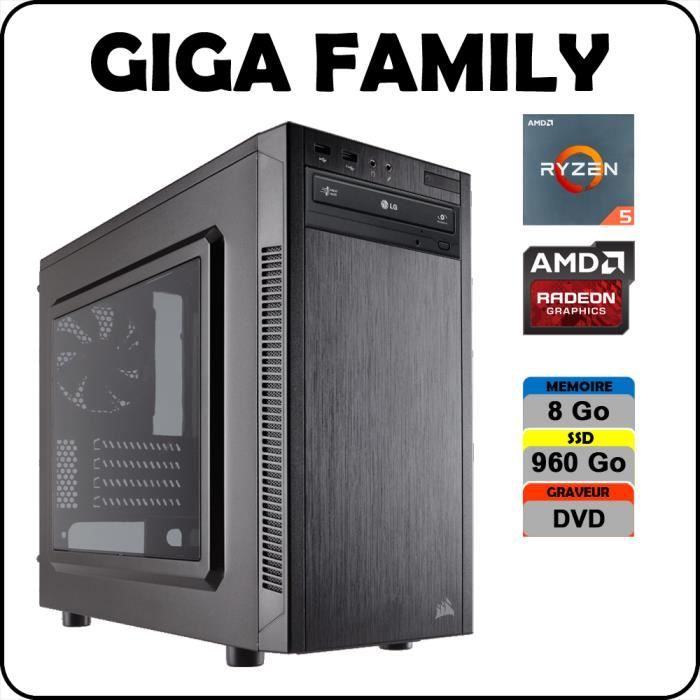  Ordinateur de bureau PC GIGA FAMILY AMD Ryzen 5 2600X / 8 Go DDR4 / SSD 960 Go / Carte Graphique AMD RX 580 8 Go / Windows 10 pas cher