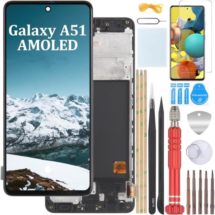 Écran LCD Samsung Galaxy A51/A515 AMOLED noir avec cadre de montage (taille originale) + outil + film trempé
