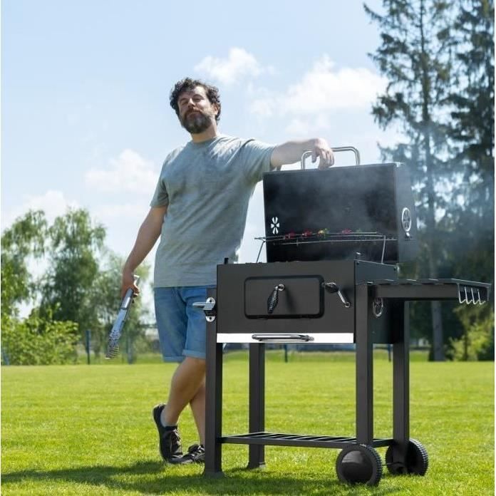 Barbecue à charbon de bois - BBQ-GRILL - Noir - 2 roues - 107x115x68cm