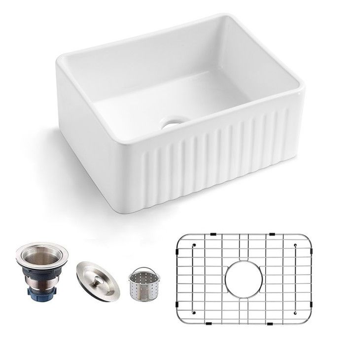 MEJE Évier de cuisine Farmhouse en céramique 60 5 x 45 5cm - Évier timbre - petit évier à tablier avec crépine et grilles de fond