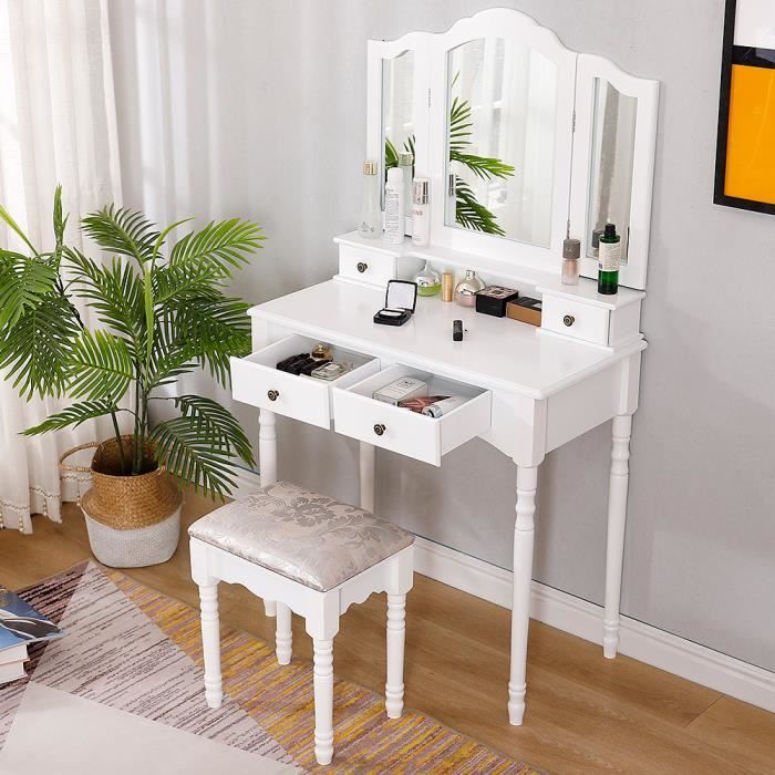 Coiffeuse Table de Maquillage avec 3 miroirs et 1 Tabouret+4 tiroirs en MDF  et en Bois de pin Massif Blanc - Cdiscount Maison