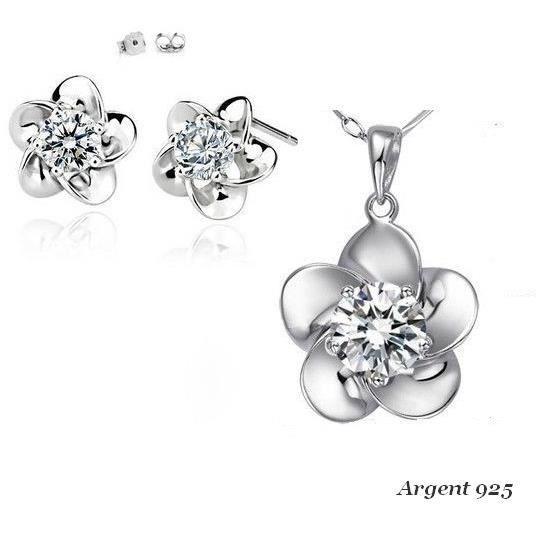 Parure Bijoux Femme Argent 925 - Collier Et Boucles Gouttes, Cristal Autrichien Blanc
