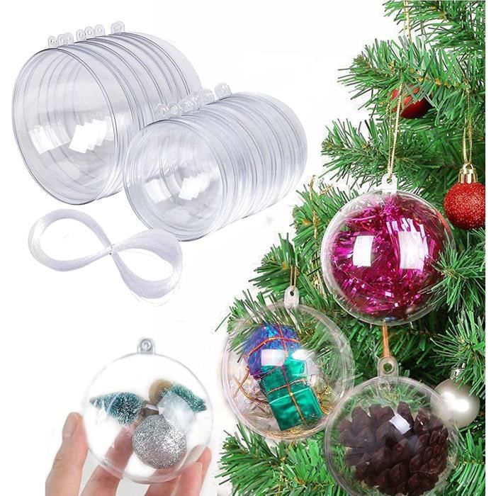 Lot de 20 boules de Noël transparentes 4 cm 6 cm En plastique transparent Avec fil de pêche Pour
