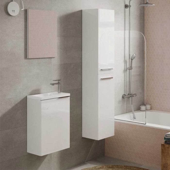 salle de bain complète - meuble lave main 40 cm + miroir + colonne blanc - plimi - blanc